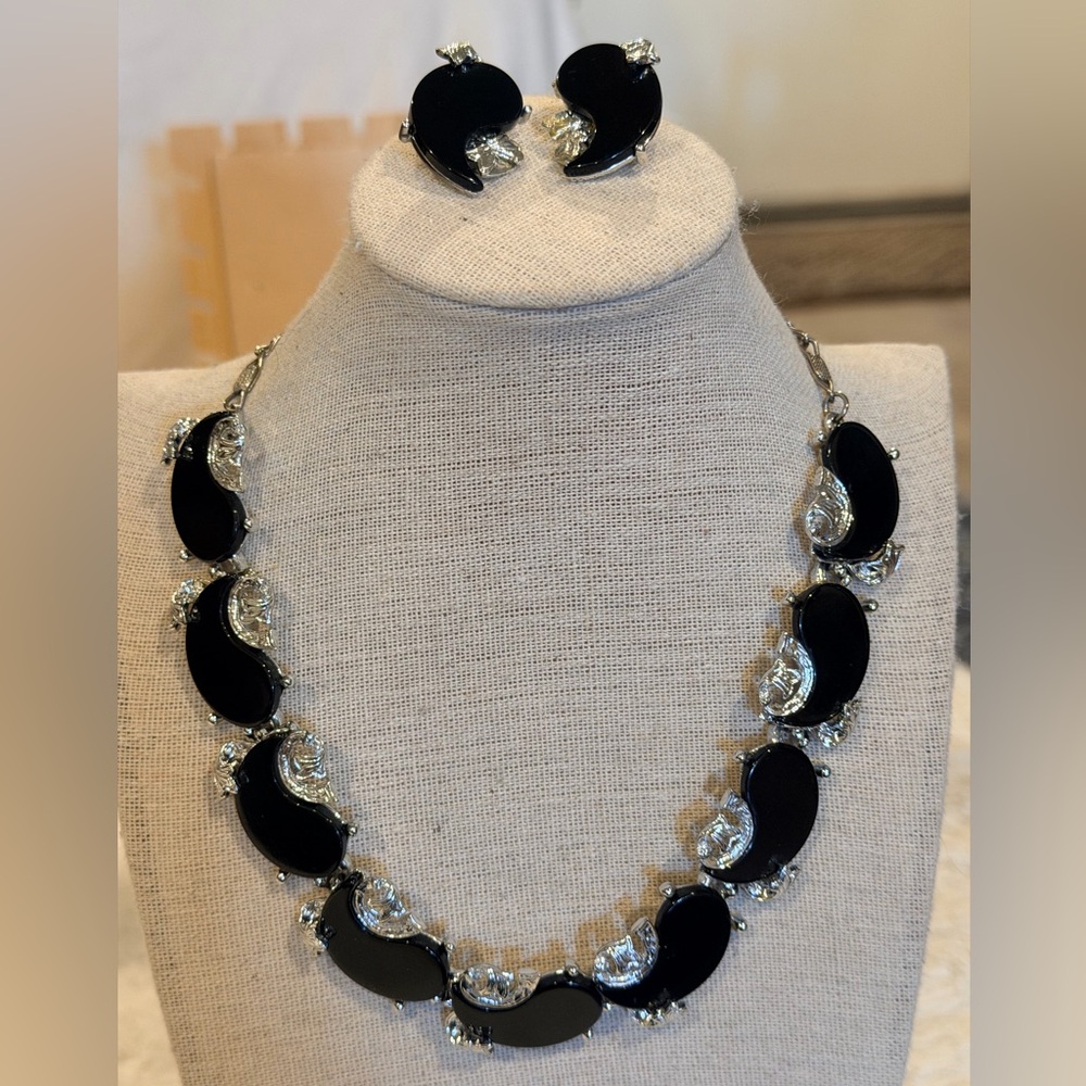Vintage Arthur Pepper Black and Silver Crescent Necklace & Earring Set
